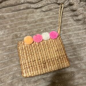 Sea & Grass Woven Straw Pom Pom Crossbody Bag - Natural with Pink, Peach, Ivory